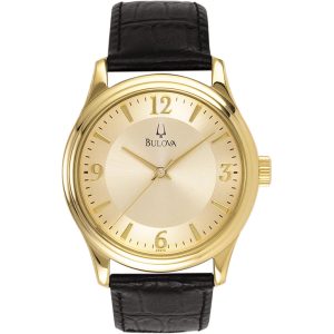 Bulova Round Gilt Dial Men's Watch W/Black Leather Strap
